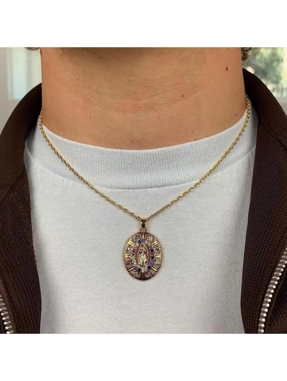Multi colored rhinestone Saint Marry circle pendant y2k 90s style gold necklace